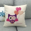 Linen valentine pillow cover featuring a cute purple owl with heart balloons on a sofa - 18x18 Inch / Purple Owl Balloons Style (20)
