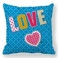 Detail of vintage blue Love cushion cover with heart lace pattern and polka dots texture - Vintage Distressed LOVE Heart Style