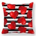 Detail of red watercolor hearts over black and white striped peach skin pillowcase - Striped Watercolor Heart Style
