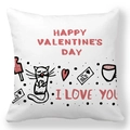 Detail of white square pillowcase with Happy Valentine's Day pink cat and heart illustration - Valentine Cartoon Cat Illustration Style