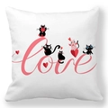 Close-up of pink Love lettering with cute cartoon cats and red hearts on white pillowcase - Pink Handwritten Love Cartoon Cat Style