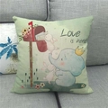 Close-up of linen cushion cover featuring cute elephant and rabbit cartoon illustration - Light Green Base Crown Elephant And Rabbits (3)