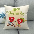 Close-up of linen pillowcase with Happy Valentine's Day bicycle heart print on sofa - 45x45cm / Bicycle Heart Characters Style