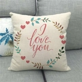 Close-up of linen pillowcase with I love you text and colorful floral heart wreath - 45x45cm / Wreath Heart I love you Style
