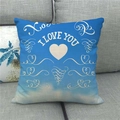Blue linen Valentine's Day pillow case with I LOVE YOU heart design on a grey sofa - Blue Scroll Pattern I LOVE YOU (8)