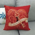 Linen Valentine cushion cover with 3D red heart and golden key on grey sofa - Key to Heart Red Style (5)