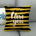 Close-up of black and gold striped linen pillowcase featuring I love you artistic print - Black Gold Stripe I Love You(5)