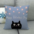 Detail of Valentine linen pillowcase with cartoon black cat and pink hearts on sofa - Gray Blue Heart Cat Style (4)