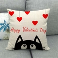 Detailed texture of linen Valentine's Day pillowcase with cat and red hearts - Hanging Hearts Black Cat Style (6)