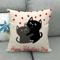 Detailed close-up of linen pillowcase with cat couple and Valentine's Day text - Black and Gray Cats Style (7)