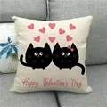 Close-up of linen pillow cover with cute black cats and Happy Valentine's Day text - Sitting Two Black Cats Style (8)