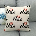 Detail of beige linen pillow cover with black 'i love' script and red heart pattern - Minimalist I Love(16)