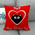 Close-up of red linen Valentine's Day pillow cover with cat and heart design - Red Background Black Cat Style (9)