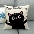 Linen Valentine's Day pillow cover with cartoon cat and Happy Valentine's Day text - Single Black Cat Style (11)