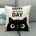 Close-up of linen Valentine's Day pillow cover with a black cat and happy greetings - Large Eyes Black Cat Style (13)