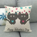 Linen Valentine's Day pillow cover with cartoon cats and Happy Valentine's Day text - Pink and Cyan Hearts Two Cats Style (14)