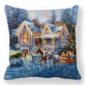 Christmas Peach Skin Pillow Case with Snowy Village and Horse-Drawn Sleigh Design - Horse Sled Winter (25)