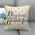 Close-up of linen pillowcase with Be Your Own Kind Of Beautiful text and gold dots - Quotes Gold Polka Dots (14)