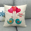 Linen Valentine's Day pillow cover with blue birds and red heart balloons on a sofa - Couple Birds With Heart Balloons (20)
