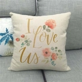 Close-up of linen pillowcase featuring golden I Love Us text and floral patterns - I Love Us Floral Style(2) / 18x18 Inch / Off White