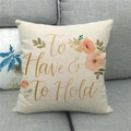 Close-up of linen pillow cover with floral To Have & To Hold print on a grey sofa - To Have and To Hold Floral Style(1) / 18x18 Inch / Off White