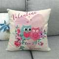 Detail of linen Valentine's Day pillow cover with heart and owl motifs on a gray sofa - Owl Couple Style (4) / 18x18 Inch / Off White
