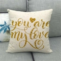 Close-up of linen pillowcase with golden you are my love script and heart on grey sofa - 45x45cm / Gold Glitter LOVE Style (3)