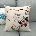 Close-up of linen pillowcase with Happy Valentine's Day print on a grey sofa - 45x45cm / Romantic Flower Butterfly Style (14)
