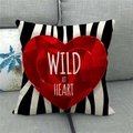 Detail of linen pillowcase with black stripes and red heart featuring Wild At Heart slogan - 45x45cm / Gemstone Cut Heart Style (18)