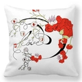 Detail of soft peach skin cushion cover with red floral pattern and artistic love lettering - Red Floral S Style (5)