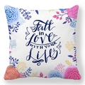 Floral peach skin pillowcase with Fall in love WITH YOUR LIFE print in square design - Dark Blue Text Colorful Floral Style (24)