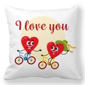 White peach skin pillowcase with cartoon hearts on bicycles and I love you text - 45x45cm / Cycling Cartoon Hearts I Love You Style (26)