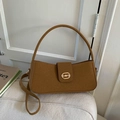Borsa baguette in pelle scamosciata marrone con fibbia a morsetto dorata vintage - Marrone