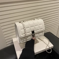 White quilted flap square crossbody bag with silver chain strap and metal lock - White
