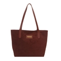 Sac fourre-tout minimaliste en daim marron foncé avec écusson tendance et longues anses - Brun Rouge