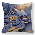 Christmas snowman oil painting pillowcase with winter cottage sunset scene - Winter Snow Cabin (30)