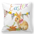 Happy Easter throw pillow cover with brown rabbit, colorful bunting and floral eggs - White Realistic Brown Bunny Bow Style (11)