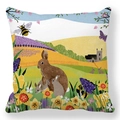 Detail of peach skin pillowcase with Easter bunnies, daffodils, and European church landscape - Spring Pastoral Landscape Bunnies Style (13)