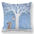 Detail of bunny looking at white tree with red berries on blue pillow cover - Light Blue Snow Tree Looking Up Bunny Style (18)