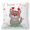 White pillowcase with cartoon cat in heart glasses and red I Love You text for Valentine - 45x45cm / I Love You Cartoon Cat with Glasses Style (31)