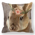 Housse de coussin lapin de Pâques avec couronne florale sur fond bois rustique - Lapin avec Couronne de Fleurs et Fond en Bois (11)