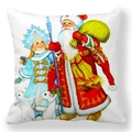 White peach skin pillowcase featuring Santa Claus, Snegurochka and bunnies - Ded Moroz with Rabbits (34)