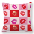Housse de coussin à damier rose et rouge avec motifs de lèvres pour la décoration de la Saint-Valentin - Empreintes de Lèvres à Carreaux Rose Rouge (7)