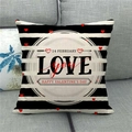 Close-up of linen Valentine's Day pillow cover with red hearts on black and white stripes - February 14 Love You (8)