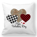 White pillowcase with leopard and plaid hearts and Happy Valentine's Day text - Three Patterned Overlapping Hearts Style (26) / 18x18 Inch