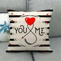 Detailed view of linen pillow cover featuring black stripes and red heart with 'YOU ME' text - You Me Infinity Heart (10)
