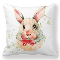 Housse de coussin lapin de Pâques avec aquarelle et nœud rouge sur fond blanc - Portrait de Lapin à l'Aquarelle (38)