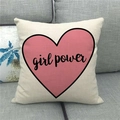 Detail of linen cushion cover showing woven texture and pink heart Girl Power print - Girl Power Heart (16)