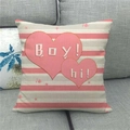 Detailed texture of linen pillowcase with pink stripes and embroidered hearts with text - Boy Greeting Hearts Stripe (19)