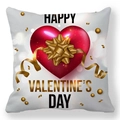 Square peach skin pillowcase with red 3D heart, gold ribbon and Happy Valentine's Day text - Red Heart Gold Ribbon Style (37)
